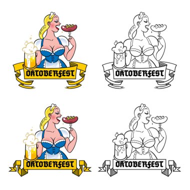 Elinde bir kupa bira olan genç bir kadın sosisli ve hardal yiyor. Oktoberfest metin afişi, kurdele. Poster ya da tebrik kartı için resim. İzole edilmiş.