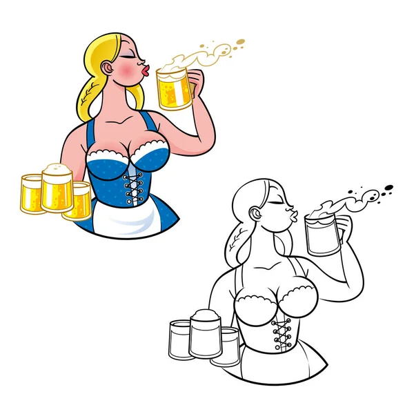 Young Woman Blowing Foam Beer Mug Illustration Oktoberfest Poster Greeting — Stock Vector