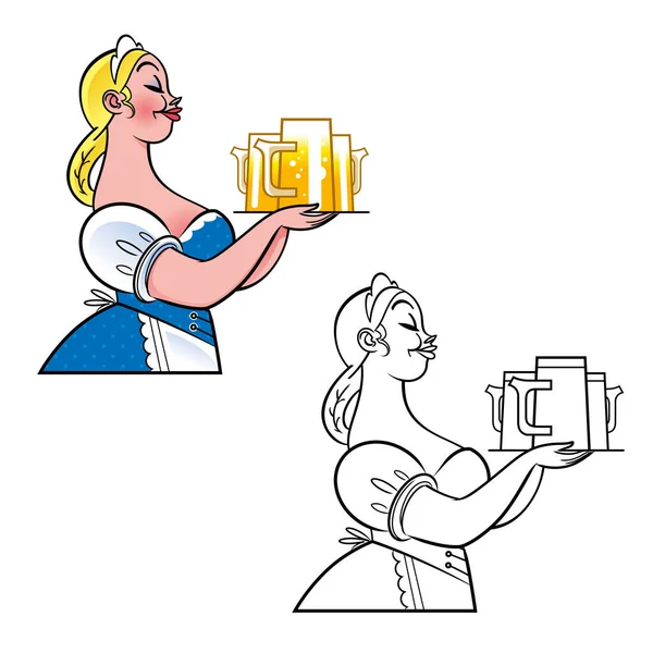 啤酒女郎把杯子放在盘子里 Oktoberfest海报或贺卡的说明 被隔离了 — 图库矢量图片