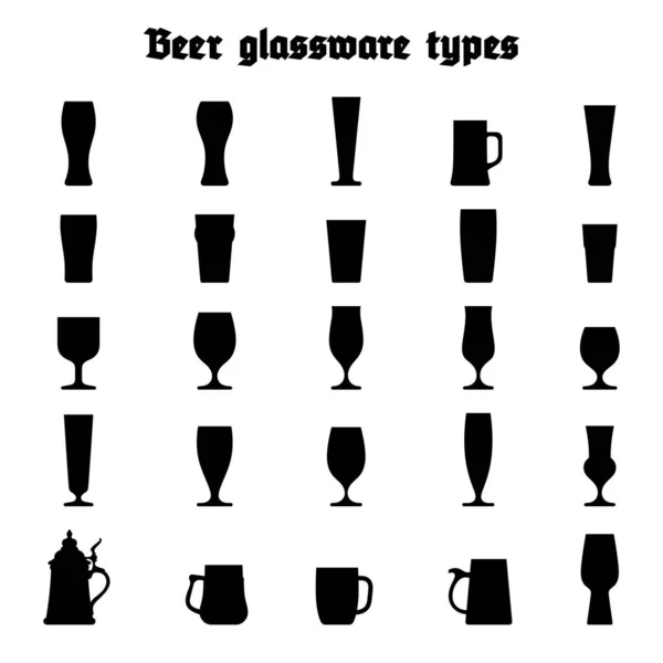 Bierglazen Set Verschillende Soorten Bierglazen Mokken Zwarte Silhouetten Witte Achtergrond — Stockvector