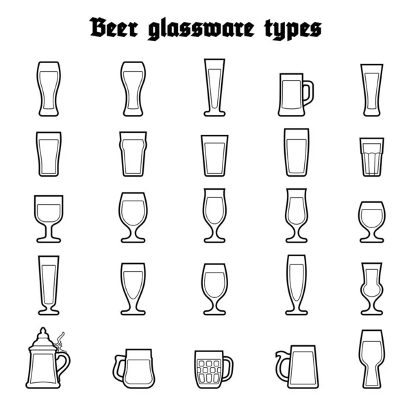 Bierglazen Set Verschillende Soorten Biergevulde Glazen Mokken Zwarte Omtrek Iconen — Stockvector