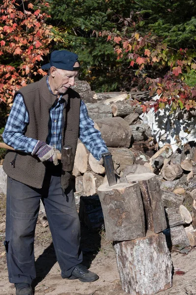 Elderly Lumberjack Action Preparing Woods Winter — Stock Photo, Image