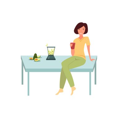Diet consultant prepares fresh avocado smoothie. Vector flat illustration