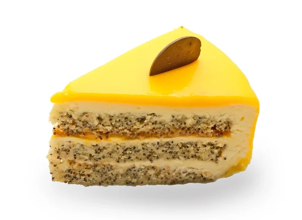 Rebanada de delicioso pastel de mango con amapola aislada — Foto de Stock