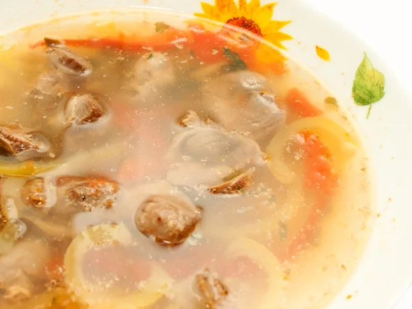 Sopa apetitosa com giblets de frango em prato sobre branco — Fotografia de Stock