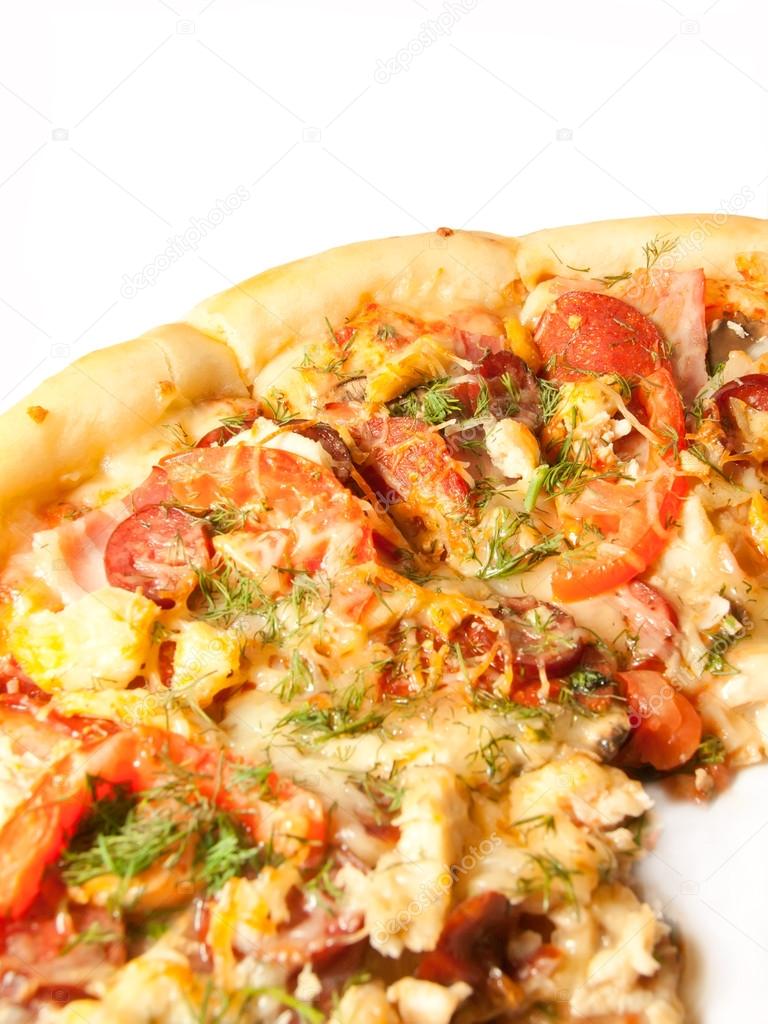 Pizza with salamy, becon, chicken isolated on white