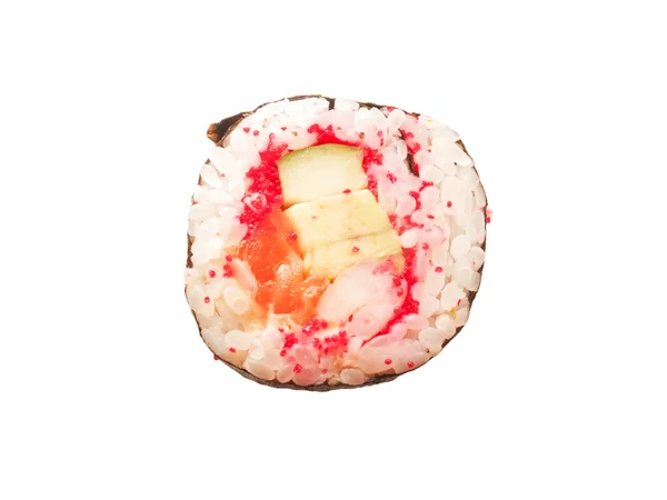 Un rotolo con gamberetti, salmone e masago rosso isolato su bianco — Foto Stock