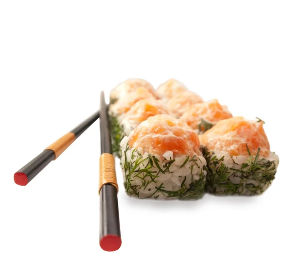 Rollos de sushi con salmón y eneldo aislados en blanco —  Fotos de Stock