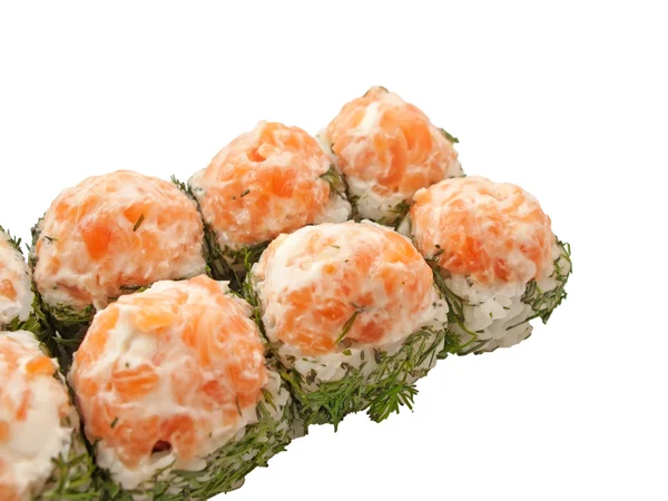 Rollos de sushi con salmón y eneldo aislados en blanco — Foto de Stock