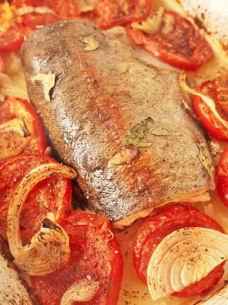 Pieczony pstrąg z pomidorami i cebulą na śródziemnomorski przepis — Zdjęcie stockowe