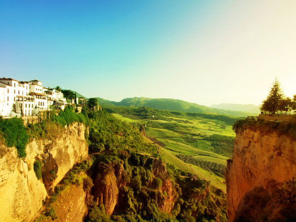 Panoramic view from New bridge in Ronda, one of the famous white