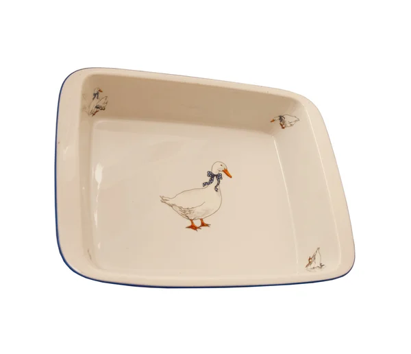 Ceramic casserole dish with goose print on a white — Stock Photo, Image