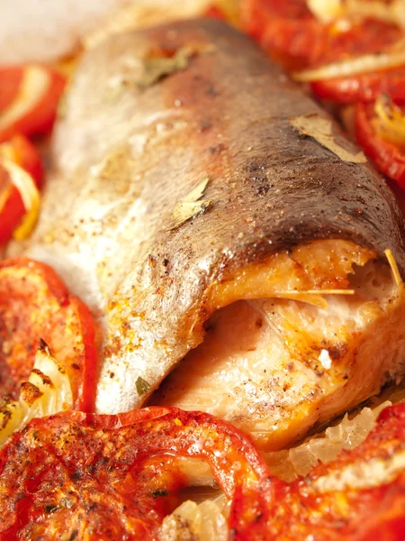 Truite cuite au four avec tomates et oignon — Photo
