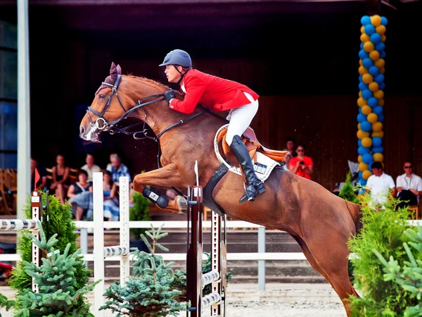 SAINT PETERSBURG-JULY 08: Rider Mikhail Safronov on Virones C in — Stock Photo, Image