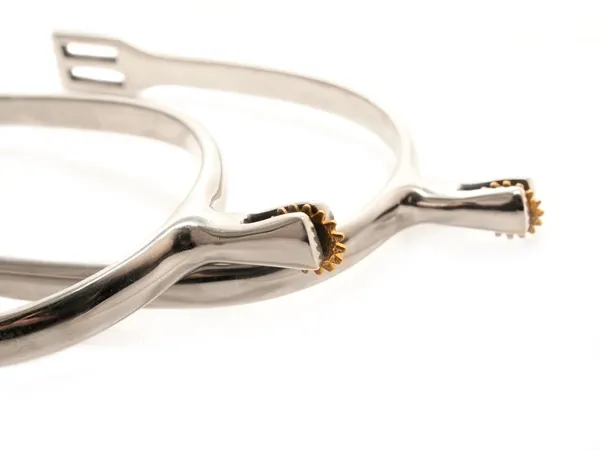 stock image Silver sportive spurs with gold rollers on white