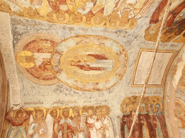 Antique ceiling fresco with saints- monastery (Russia, Tikhvin — Stock Photo, Image