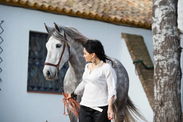 Krásná Brunetka Kráčející Šedým Mladým Andaluským Hřebcem Téměř Stabilní Španělsko — Stock fotografie