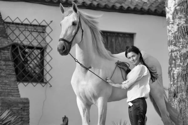 Beautiful Brunette Posing Beautiful White Andalusian Stallion Nearly Stable Spain — Stock Photo, Image