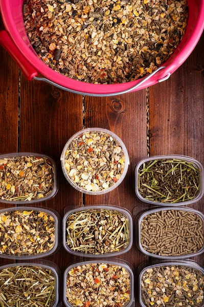 Different Various Muesli Granules Horses Served Tester Boxes Close Feeding — Stock Photo, Image