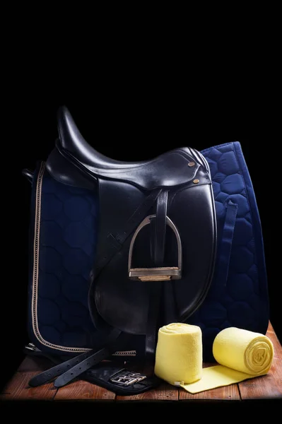 Black Professional Leather Dressage Saddle Complete Riding Saddle Cloth Bandage — Stock Photo, Image