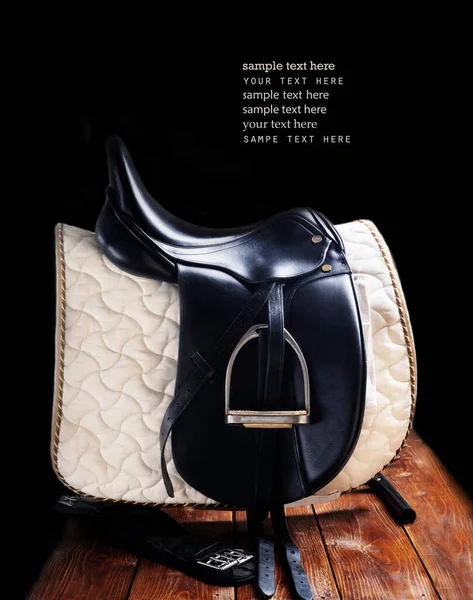 Black Professional Leather Dressage Saddle Complete Nice Saddle Cloth Girth — Stock Photo, Image