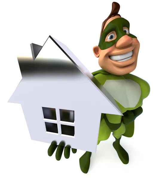 Verde super-herói segurando casa — Fotografia de Stock