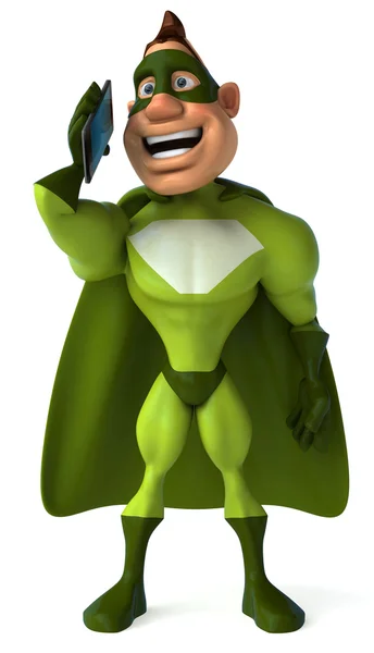 Зеленый супергерой с мобильным телефоном — стоковое фото