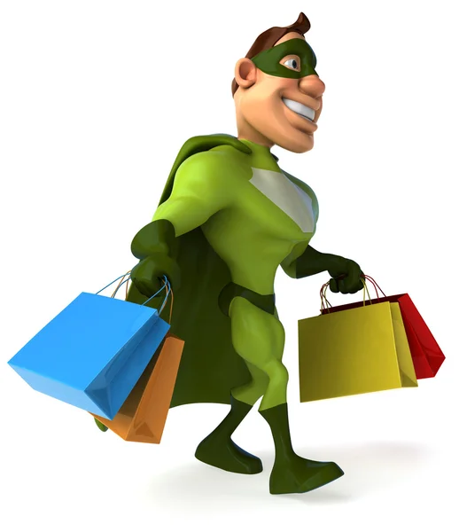Superherói segurando sacos de compras — Fotografia de Stock