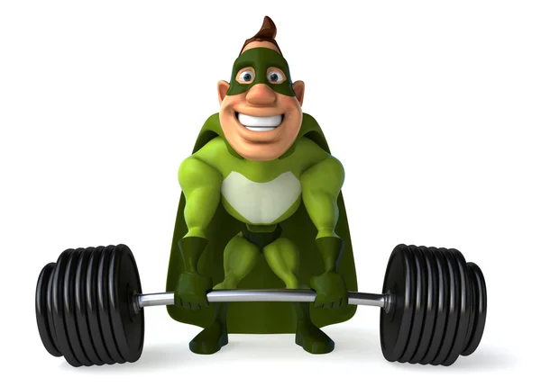 Super man with barbell — Stock Photo, Image