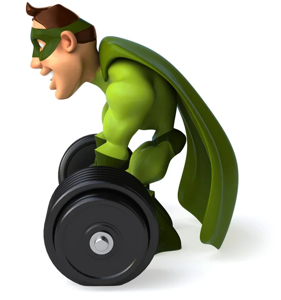 Super man with barbell — Stock Photo, Image