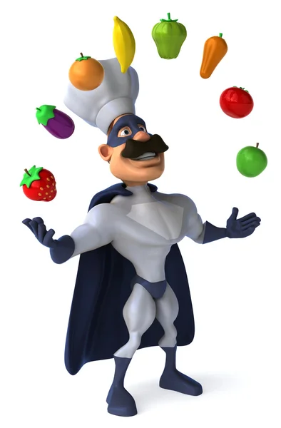 Super chef-kok jongleren groenten — Stockfoto