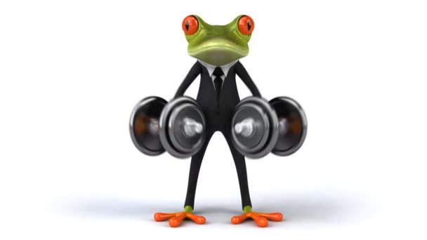 Fun frog with suit and weights — Stock Video