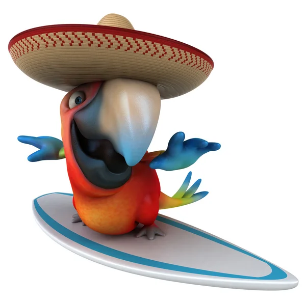 Parrot in a sombrero on a surfboard — Stock Photo, Image