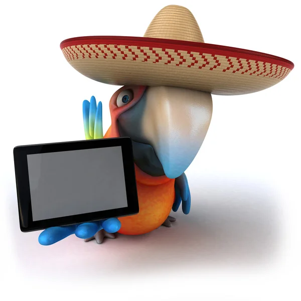 Papagaio em um sombrero com um comprimido — Fotografia de Stock