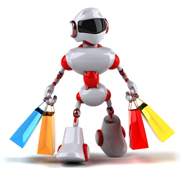 Robô divertido com sacos de compras — Fotografia de Stock