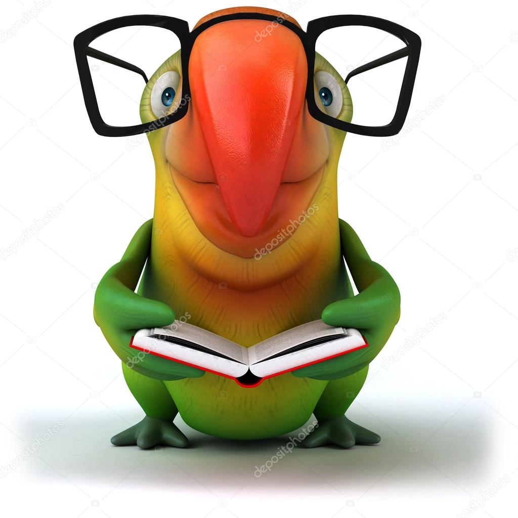 Green parrot with book