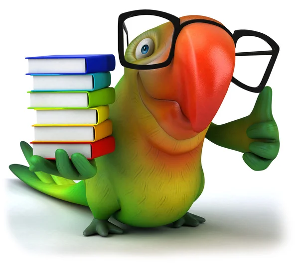 Zelený papoušek s Stoh knih — Stock fotografie