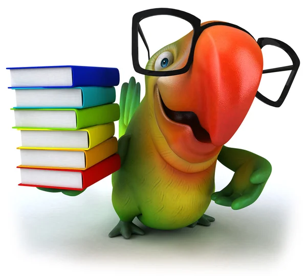 Zelený papoušek s Stoh knih — Stock fotografie
