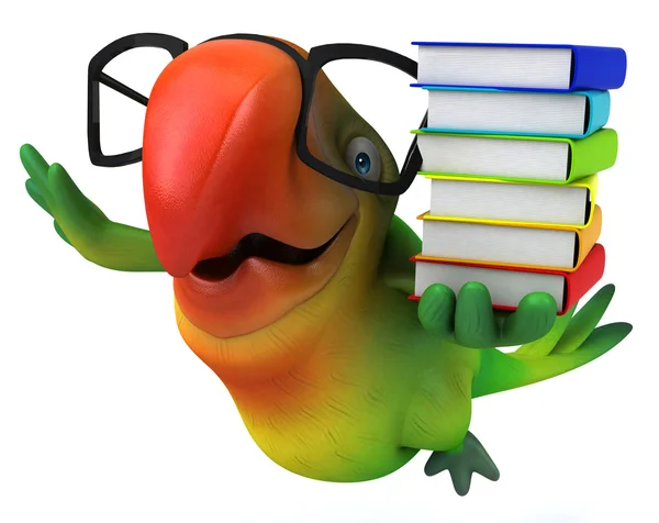 Green parrot with stack of books — Stock Photo, Image