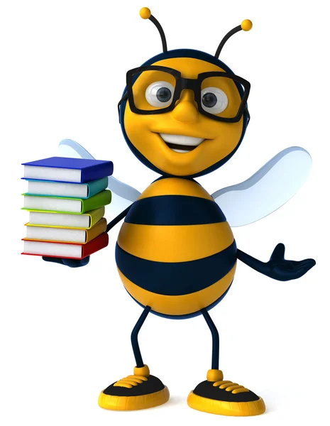 Fun bee with stack of books — Stock Photo, Image