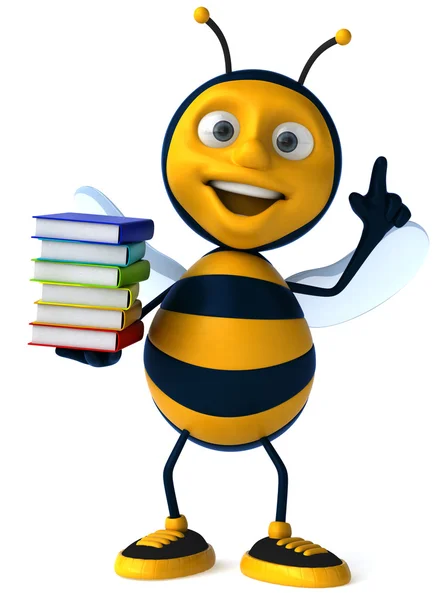 Fun bee with stack of books — Stock Photo, Image