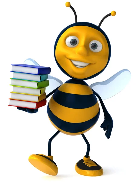 Fun bee with stack of books — Stock Photo, Image