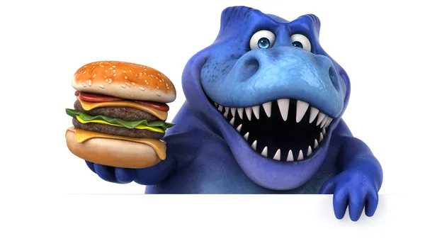 ハンバーガー付きの楽しい恐竜 3Dイラスト — ストック写真