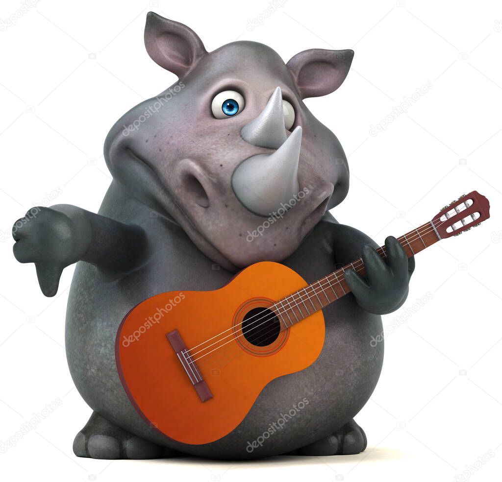 Fun rhino  with guitar - 3D Illustration