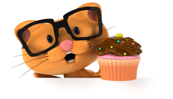 Gatto Divertente Con Cupcake Illustrazione — Foto Stock