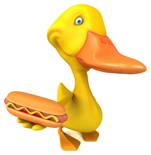 带热狗的有趣鸭 3D插图 — 图库照片
