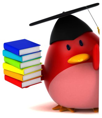 -3d illüstrasyon kırmızı kuş ile kitaplar