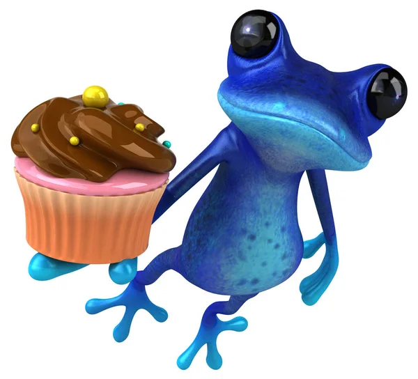 Cupcake Ile Eğlenceli Mavi Kurbağa Llüstrasyon — Stok fotoğraf