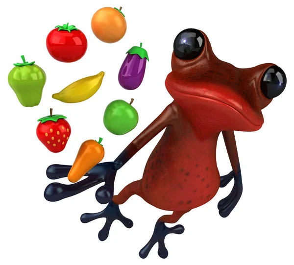 果物や野菜と楽しい赤いカエル 3Dイラスト — ストック写真