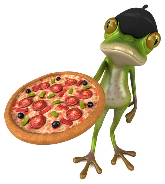 带披萨的法国青蛙 3D插图 — 图库照片